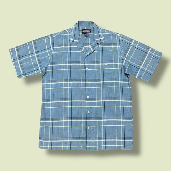 Vintage 80s Plaid Shirt Button Up Short Sleeve Lightweight Polyblend Blue Medium - Picture 1 of 7